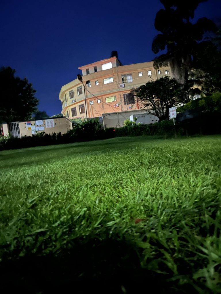 Hotel Paradise on the Nile seen from the garden lawn at night