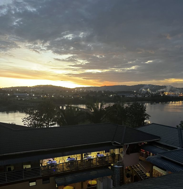 Sunset over the River Nile from the hotel, with the restaurant terrace below